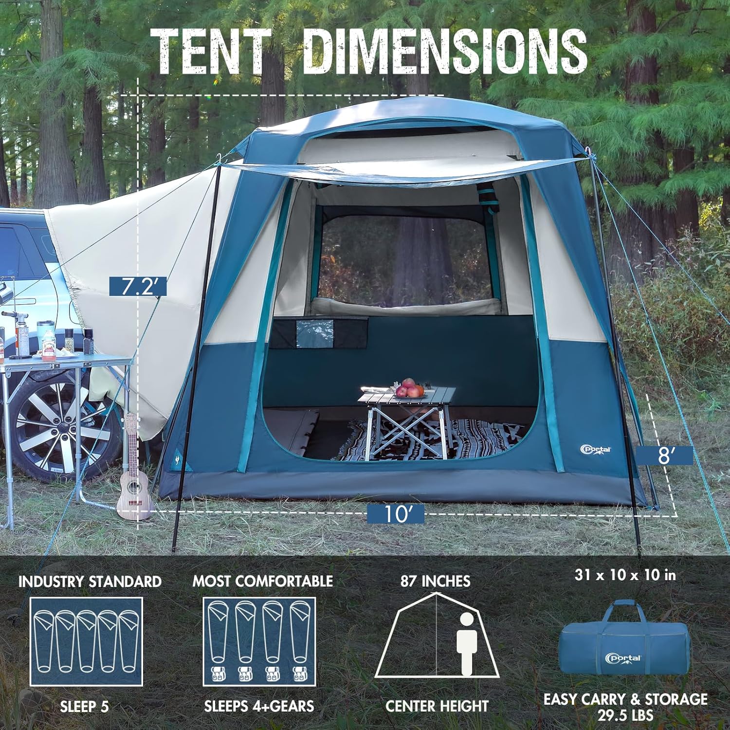 Tente de camping 2 en 1 Portal avec porche, imperméable et coupe-vent