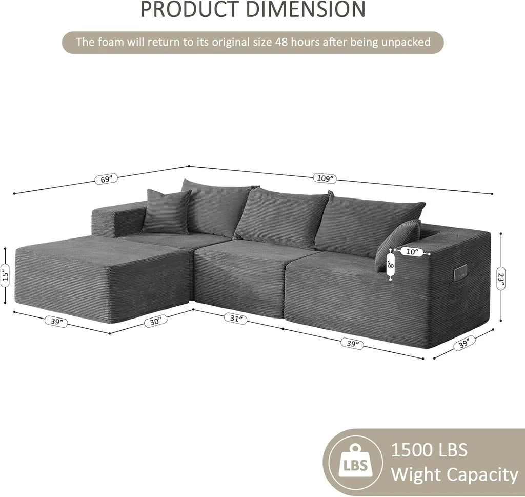 Cloud sofa with L-shaped lounge chair, modern modular sofa with deep seats