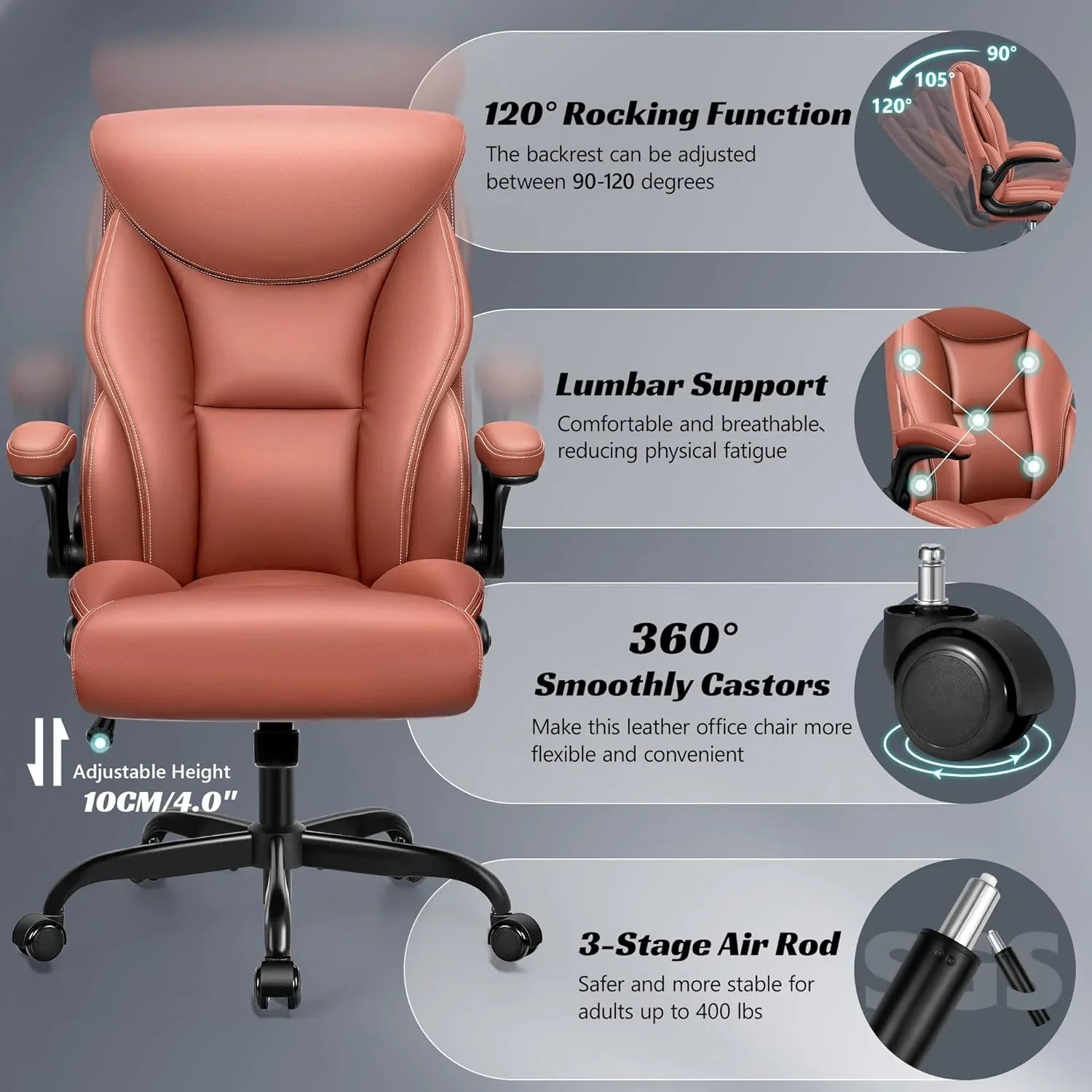 Chaise de bureau pivotante à pieds hauts, en cuir respirant, avec support lombaire