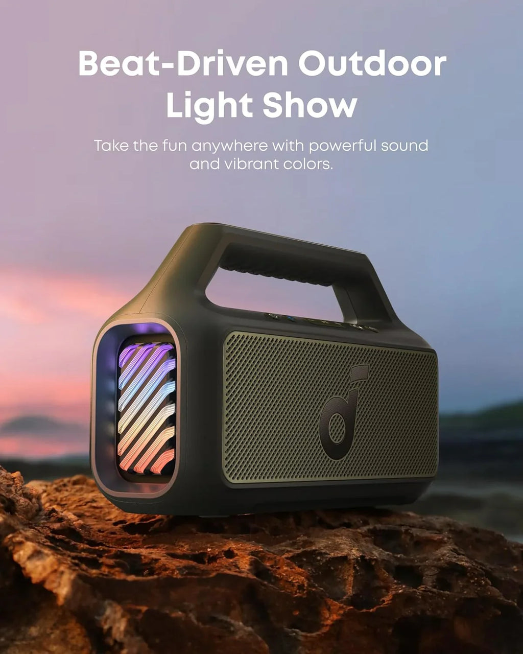 Enceinte d'extérieur, 80 W, caisson de basses, BassUp 2.0, autonomie de 24 heures, étanchéité IPX7, flotte, lumières RVB, USB-C