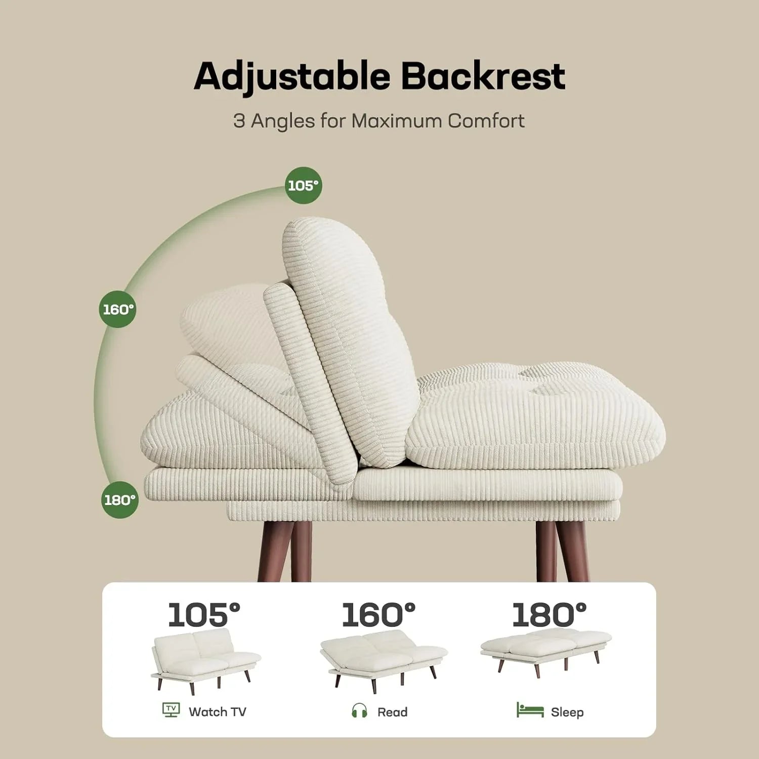 Canapé-lit futon, canapé futon avec dossier et accoudoirs réglables, convertible en petit canapé-lit causeuse en velours côtelé vert