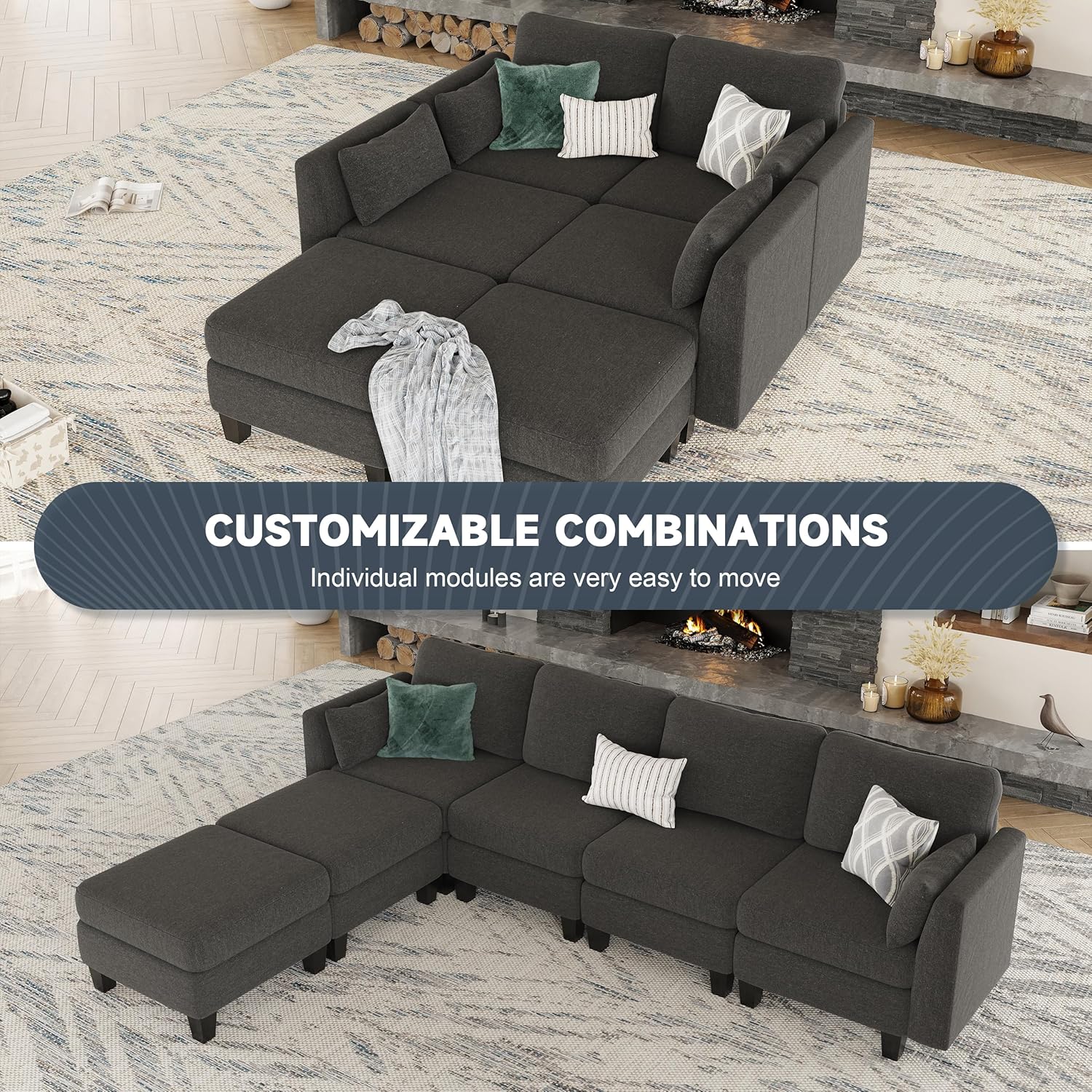 Canapé sectionnel modulable, canapé convertible en U, mousse à mémoire de forme haute densité, canapé sectionnel confortable 6 places