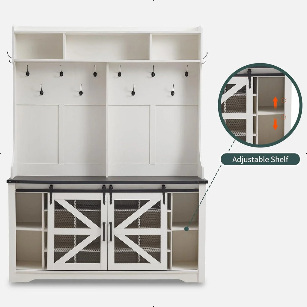 JXQTLINGMU Arbre de foyer de ferme de 59 pouces avec rangement pour chaussures, banc d'entrée, porte-manteau, armoire