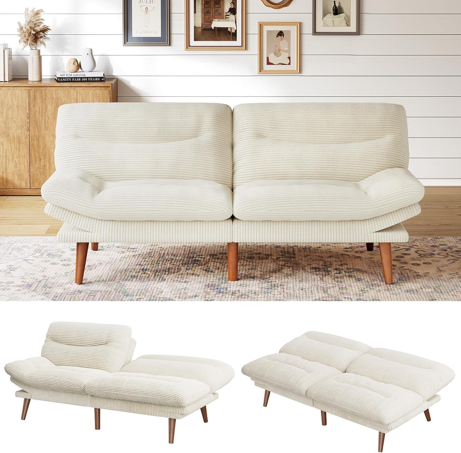 Canapé-lit futon, canapé futon avec dossier et accoudoirs réglables, convertible en petit canapé-lit causeuse en velours côtelé vert