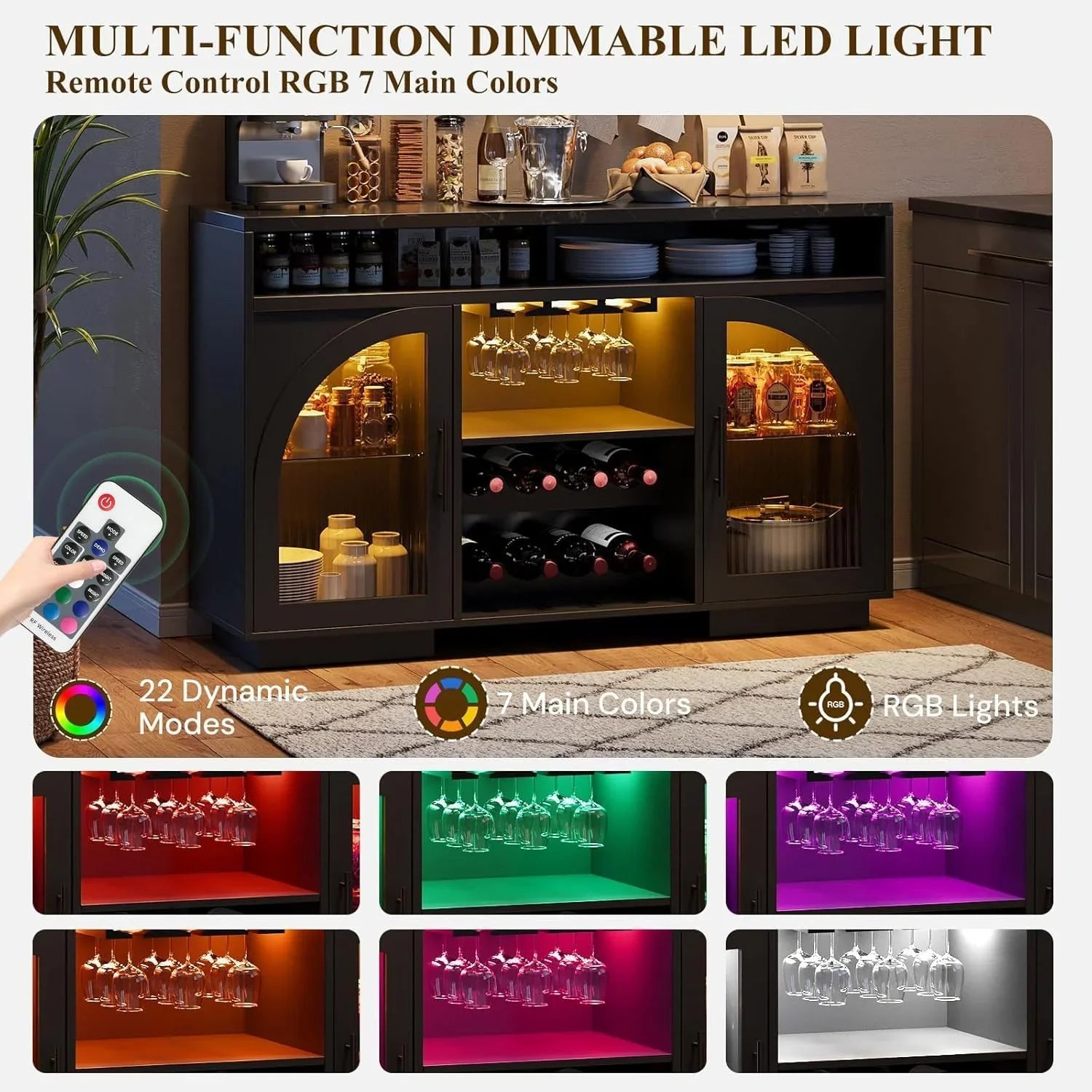 Buffet, armoire de cuisine de 54 pouces avec lumières LED et portes en verre cintrées, armoire de bar haute