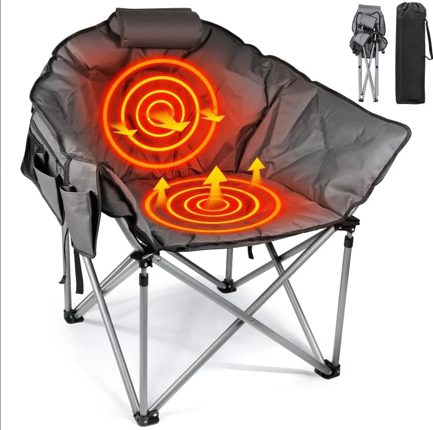 Chaise de camping chauffante, chaise de sport d'extérieur extra large avec 3 niveaux de chaleur sur le dossier et l'assise, chaise d'extérieur chauffante pliante portable (piles non incluses)