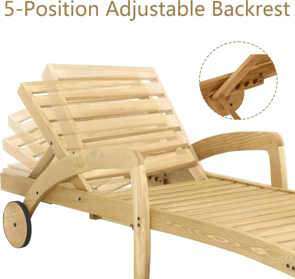 Chaise longue de piscine réglable à 5 positions Chaise longue en bois avec table d'appoint coulissante