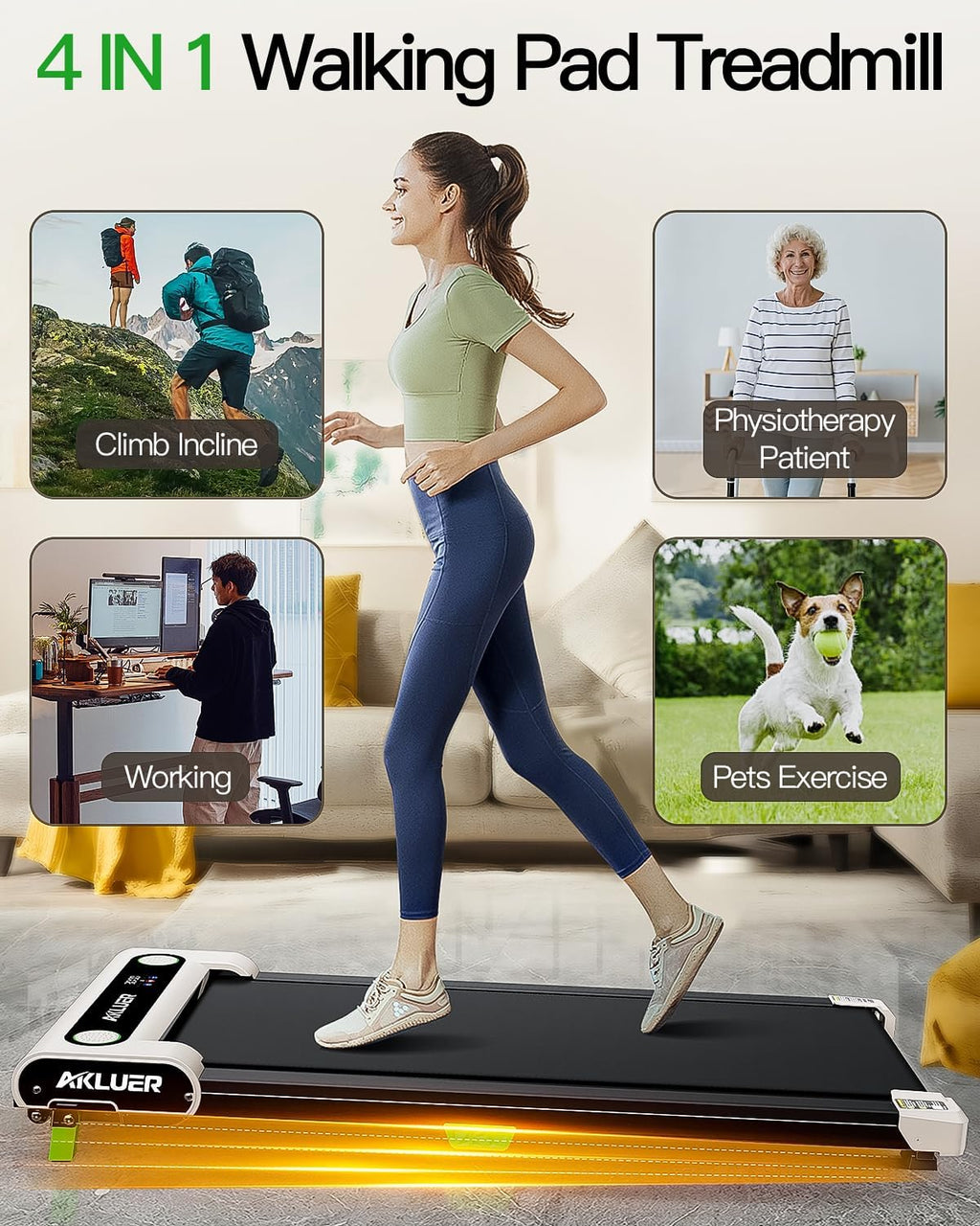 Tapis de course incliné Akluer 2,5 CV, petit tapis de course sous le bureau avec télécommande et écran LED