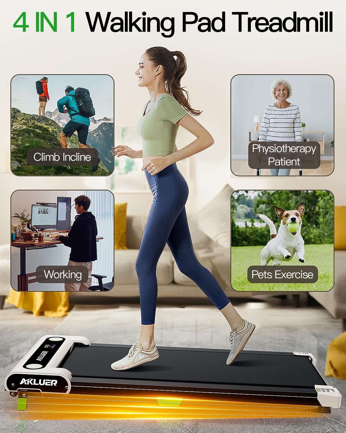 Tapis de course incliné Akluer 2,5 CV, petit tapis de course sous le bureau avec télécommande et écran LED