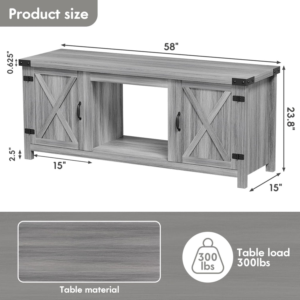 YESHOMY Meuble TV avec cheminée et deux portes de grange, armoires de rangement pour téléviseurs jusqu'à 65 pouces et plus, console de divertissement, meuble multimédia pour salon, 58 pouces