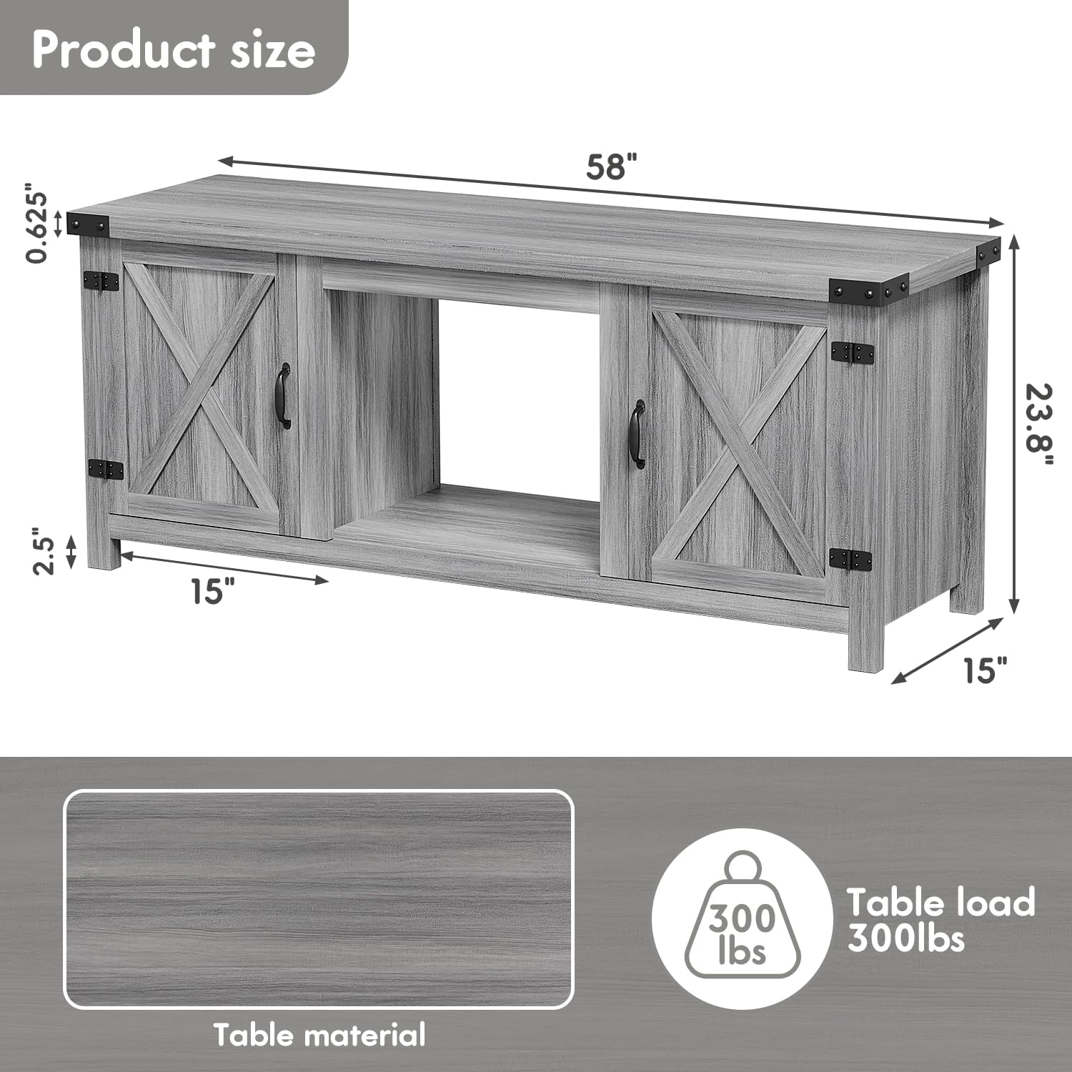YESHOMY Meuble TV avec cheminée et deux portes de grange, armoires de rangement pour téléviseurs jusqu'à 65 pouces et plus, console de divertissement, meuble multimédia pour salon, 58 pouces