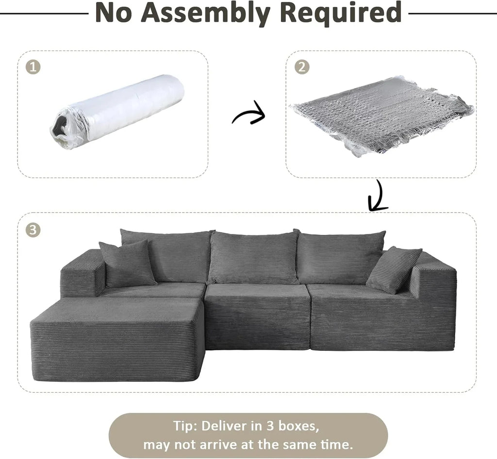 Cloud sofa with L-shaped lounge chair, modern modular sofa with deep seats