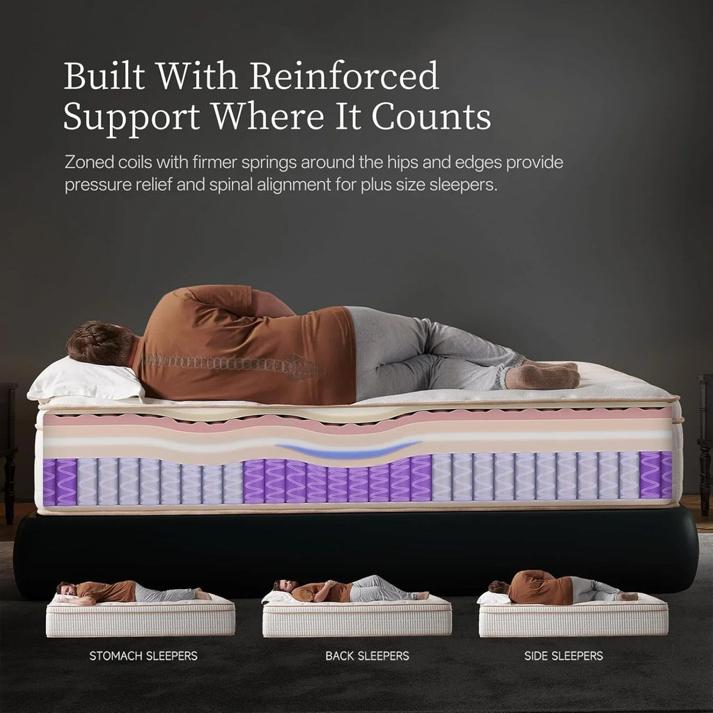 Matelas hybride queen-size de 14 pouces avec mousse à mémoire de forme rafraîchissante et ressorts ensachés zonés