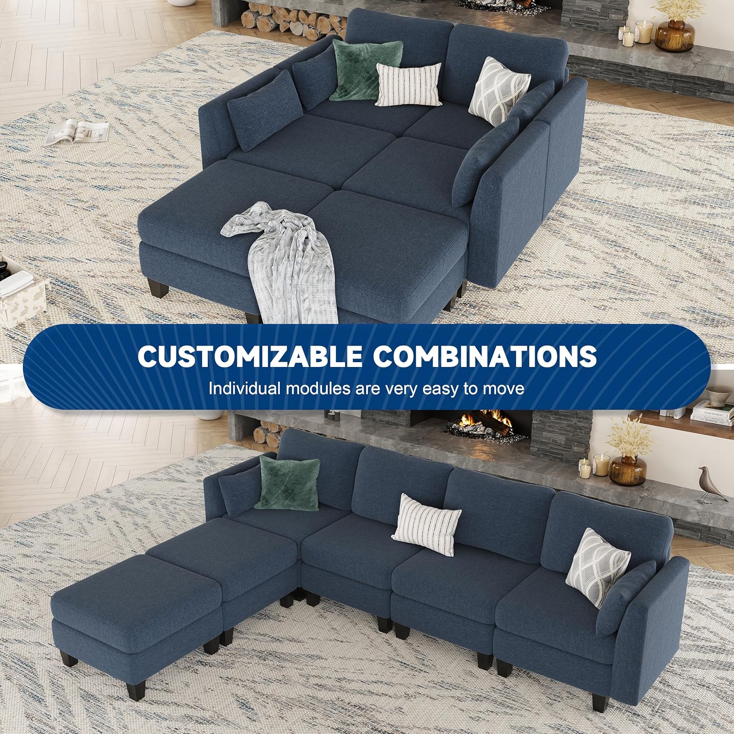 Canapé sectionnel modulable, canapé convertible en U, mousse à mémoire de forme haute densité, canapé sectionnel confortable 6 places