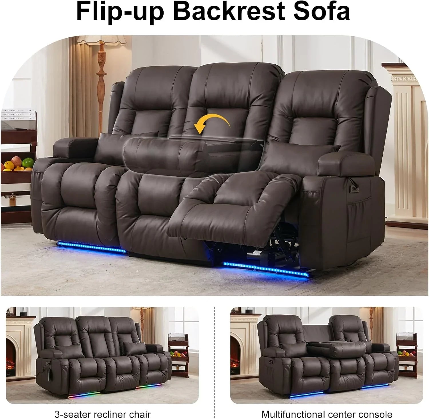 Canapé inclinable électrique TUNYI avec fonctions massage et chauffage, siège home cinéma avec console, canapé inclinable électrique pour camping-car