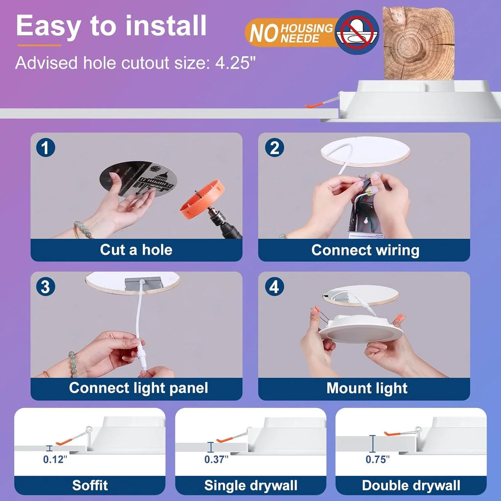 Spot LED encastré intelligent 12 W RGBCW à changement de couleur de 4 po avec boîte de jonction