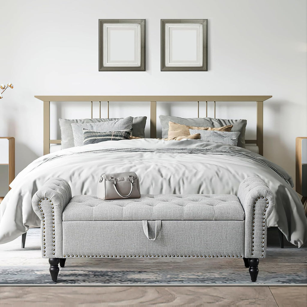 Tabouret de rangement moderne Furniliving, tabouret de bout de lit en bois massif Sherpa, tabouret rembourré tabouret d'intérieur