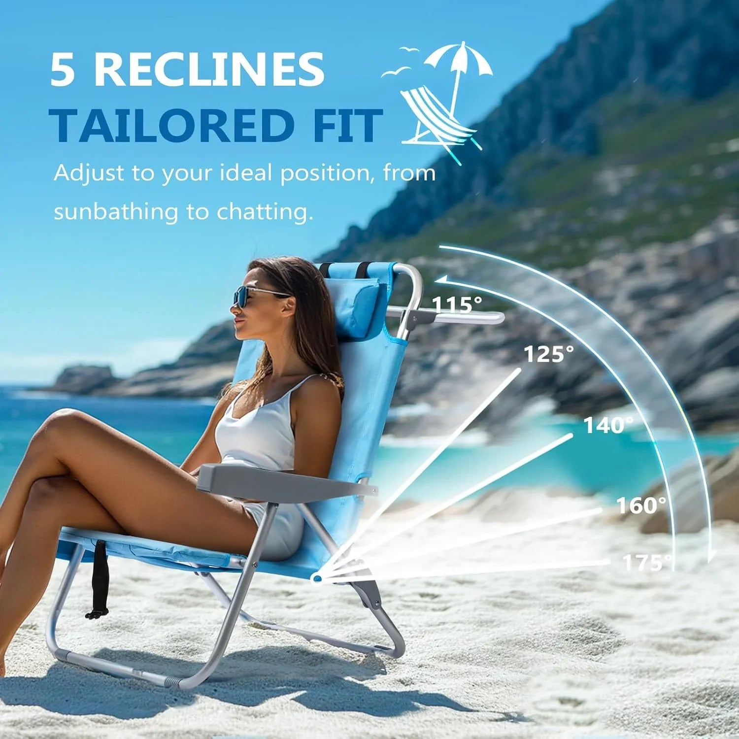 Lot de 2 chaises de plage compactes et portables pour adultes, en aluminium, 5 positions, avec pochette isotherme