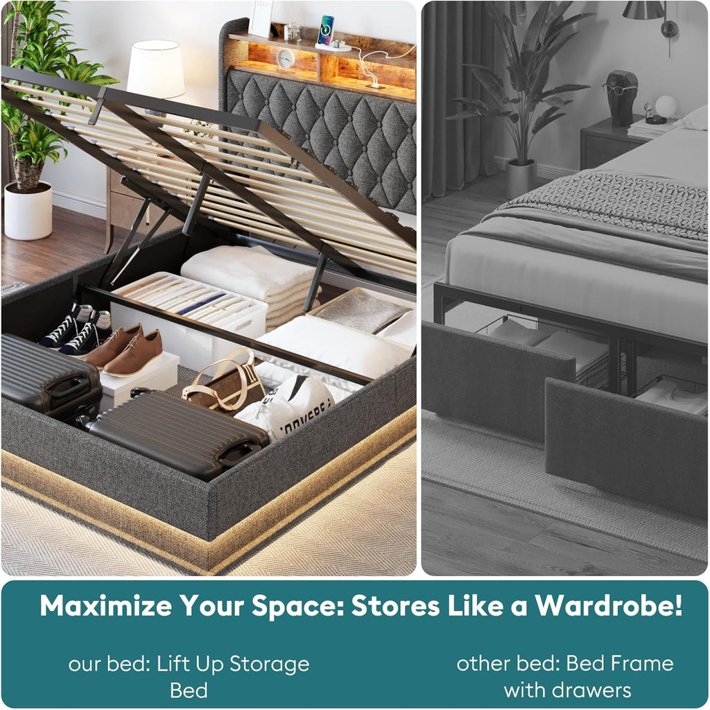 Cadre de lit Queen size avec rangement, hydraulique, sans sommier, lattes en bois