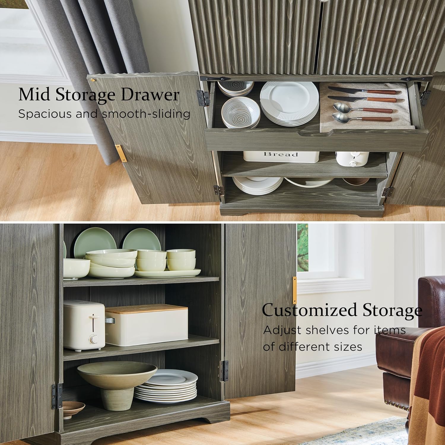 Armoire de rangement cannelée, 72 po de hauteur, moderne, avec 4 portes, organiseur, tiroir et étagères réglables, placard en bois