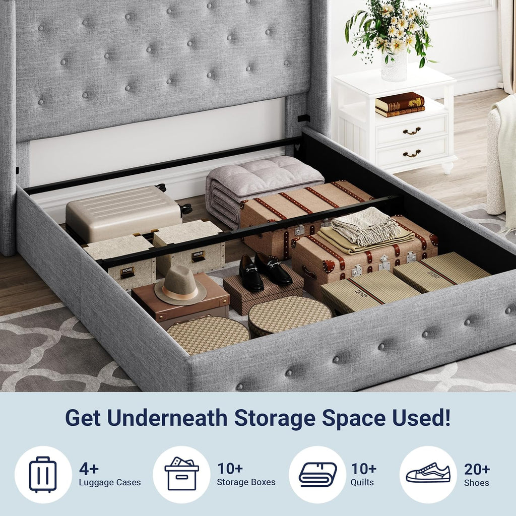 Lit queen-size relevable avec rangement Allewie, tête de lit à oreilles moderne et support hydraulique