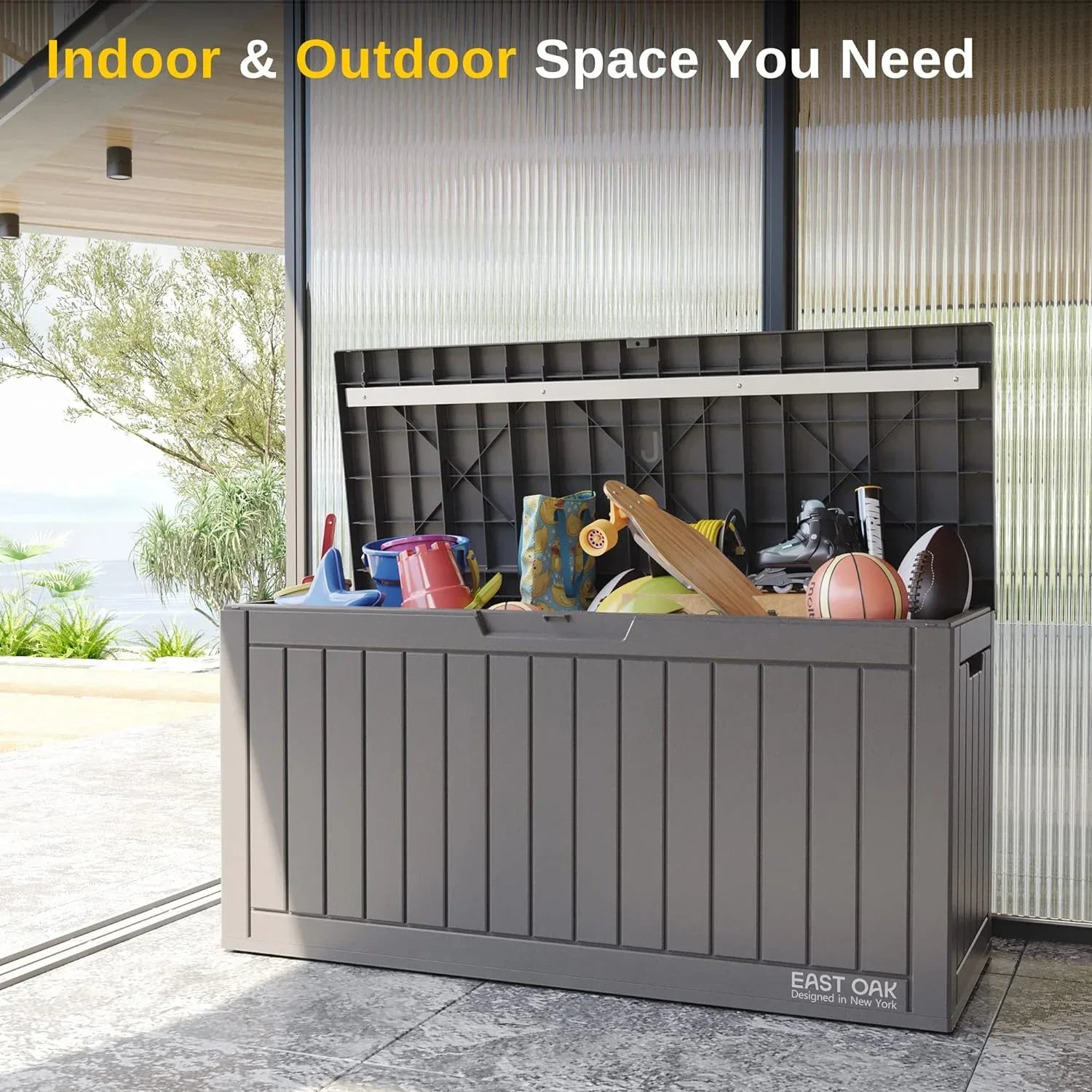 Coffre de rangement extérieur EAST OAK, coffre de terrasse de 60 gallons, utilisation intérieure et extérieure, bac de rangement en résine imperméable