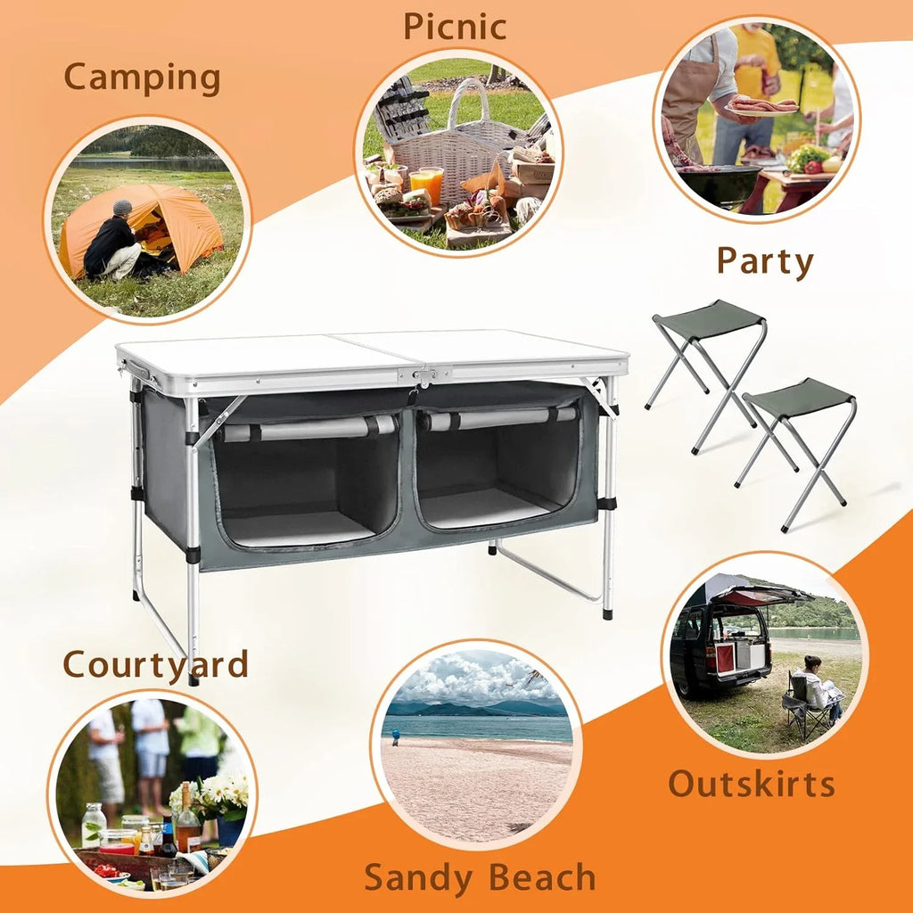 Table pliante d'extérieur en aluminium, légère, réglable en hauteur, avec rangement, pour barbecue, fête, camping