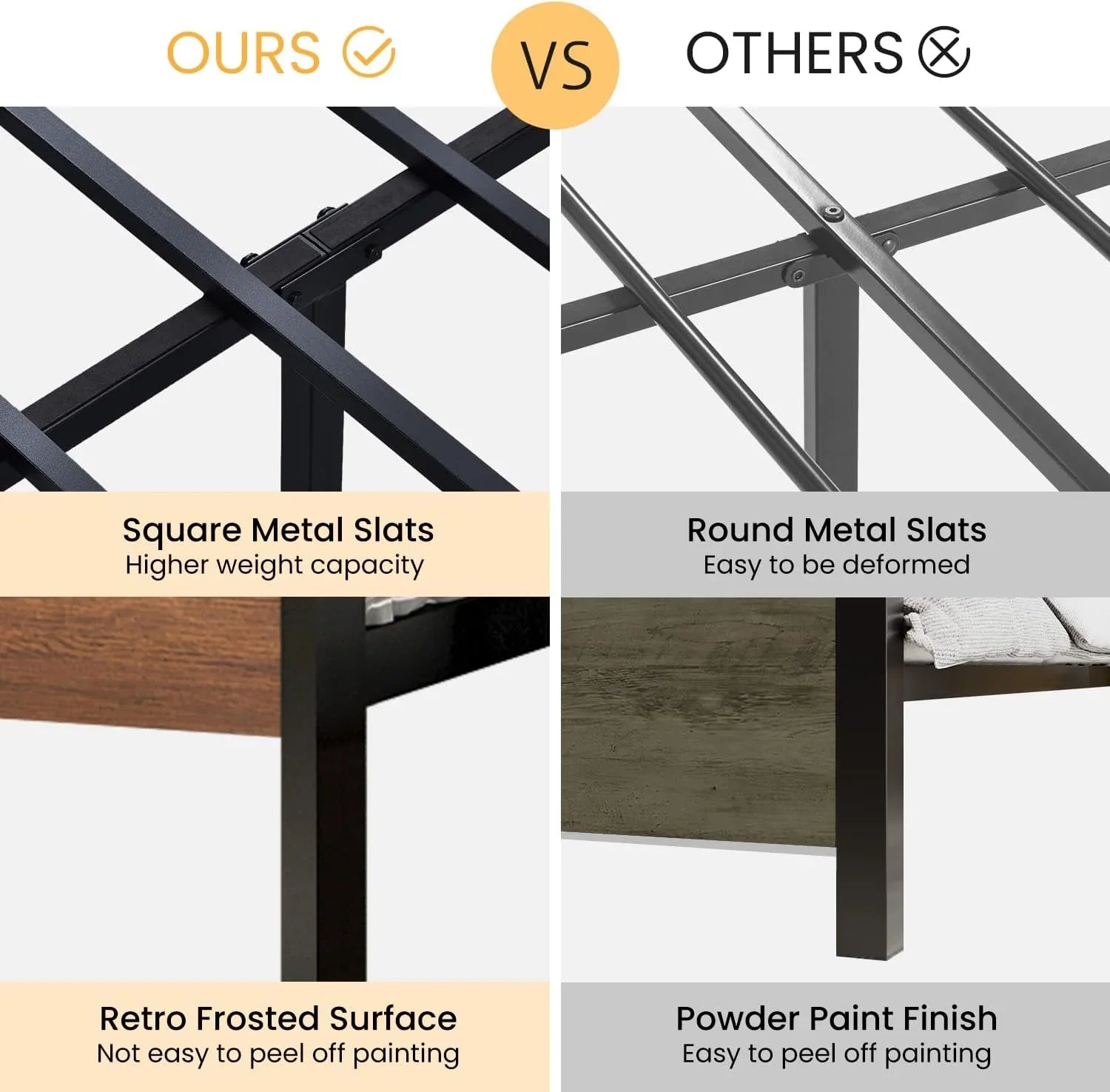 Cadre de lit plateforme en métal Sha Cerlin 14 pouces, antidérapant et silencieux, acajou