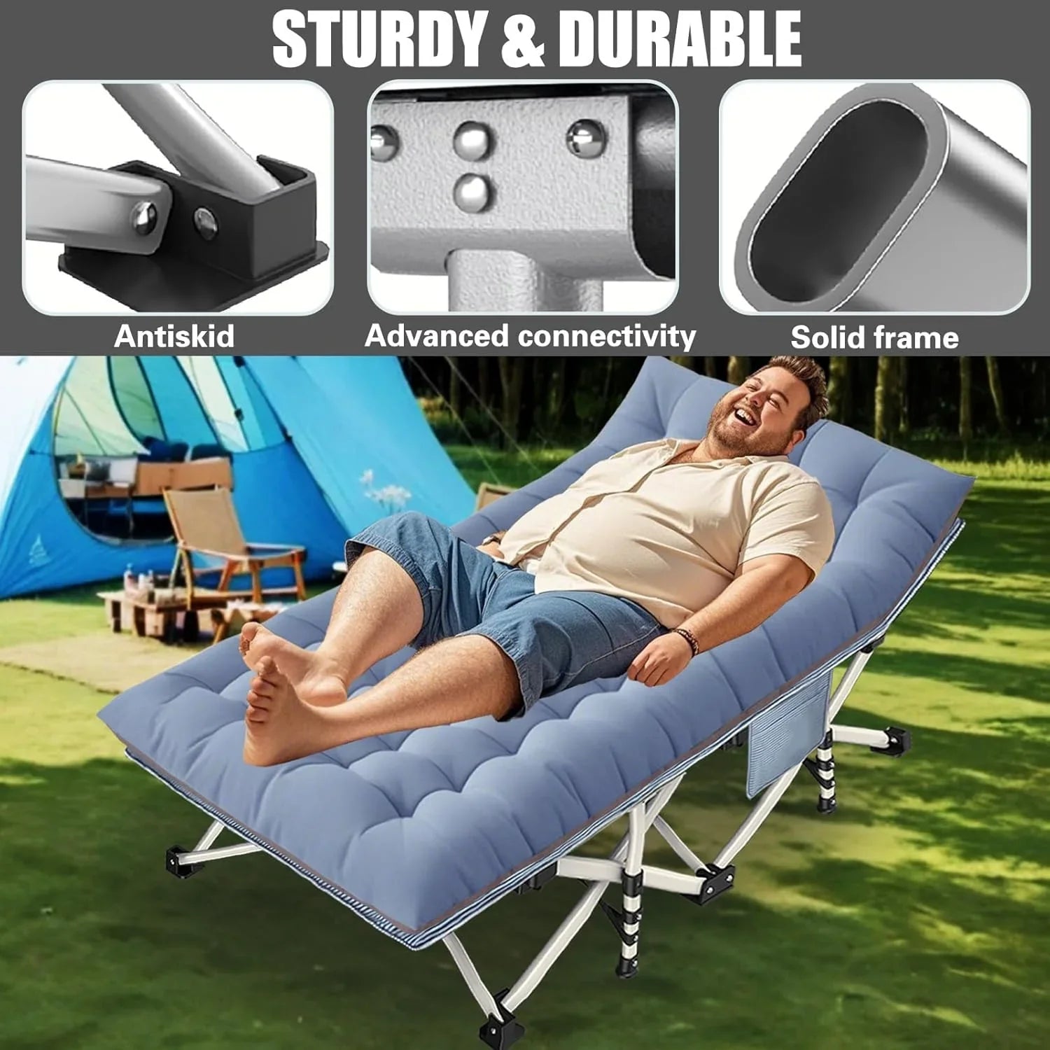 Lot de 2 lits de camping avec matelas, lits de couchage confortables, lits de camping pour adultes, lits pliants pour 2 personnes, lits de couchage robustes