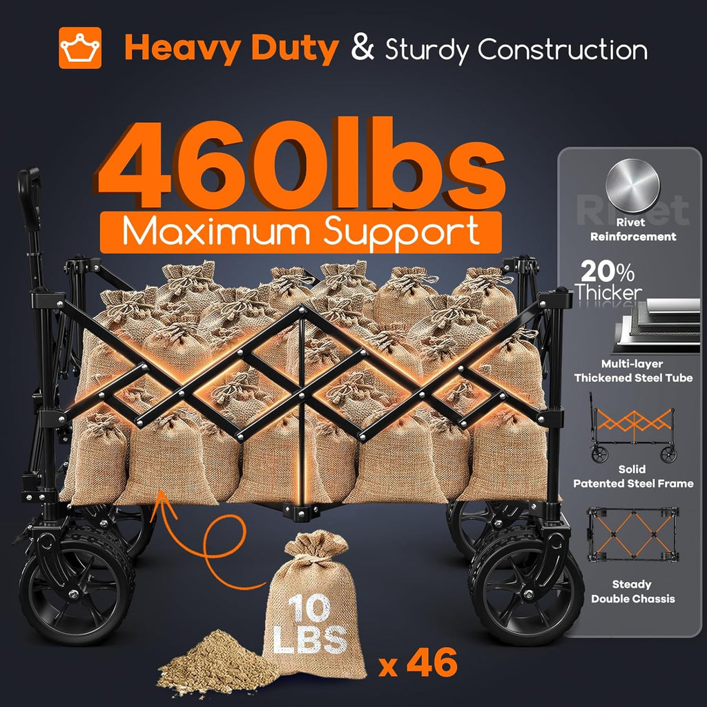 Poussette pliable à quatre roues de 96 cm de long, pliable, capacité de 200 kg, poussette de plage pliable robuste de 220 litres avec de grands pneus tout-terrain