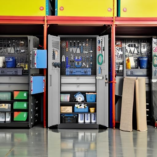 Armoire de rangement de garage en métal Yizosh avec portes verrouillables et 2 tiroirs, armoire à outils robuste en acier avec panneau perforé, 71" - Armoires verrouillables