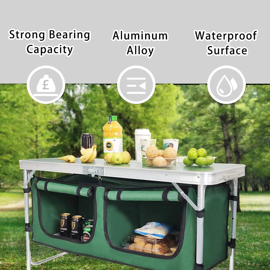 Table pliante d'extérieur en aluminium, légère, réglable en hauteur, avec rangement, pour barbecue, fête, camping