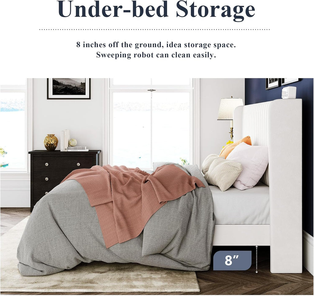 Cadre de lit Allewie en velours pleine grandeur/tête de lit capitonnée à oreilles verticales/lit plateforme rembourré/lattes en bois robustes