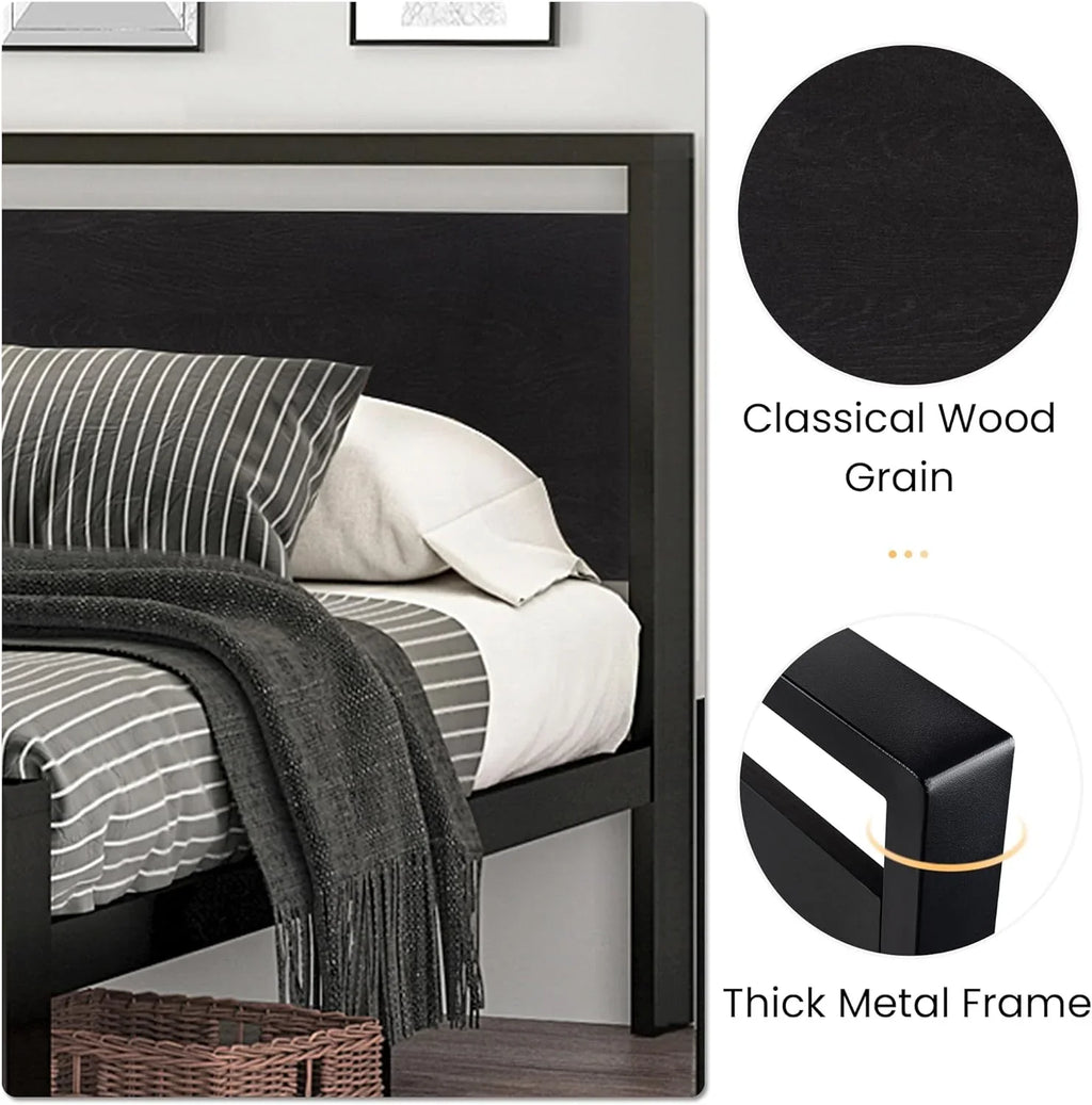 Cadre de lit plateforme en métal SHA CERLIN 14" Queen, antidérapant et silencieux, chêne noir