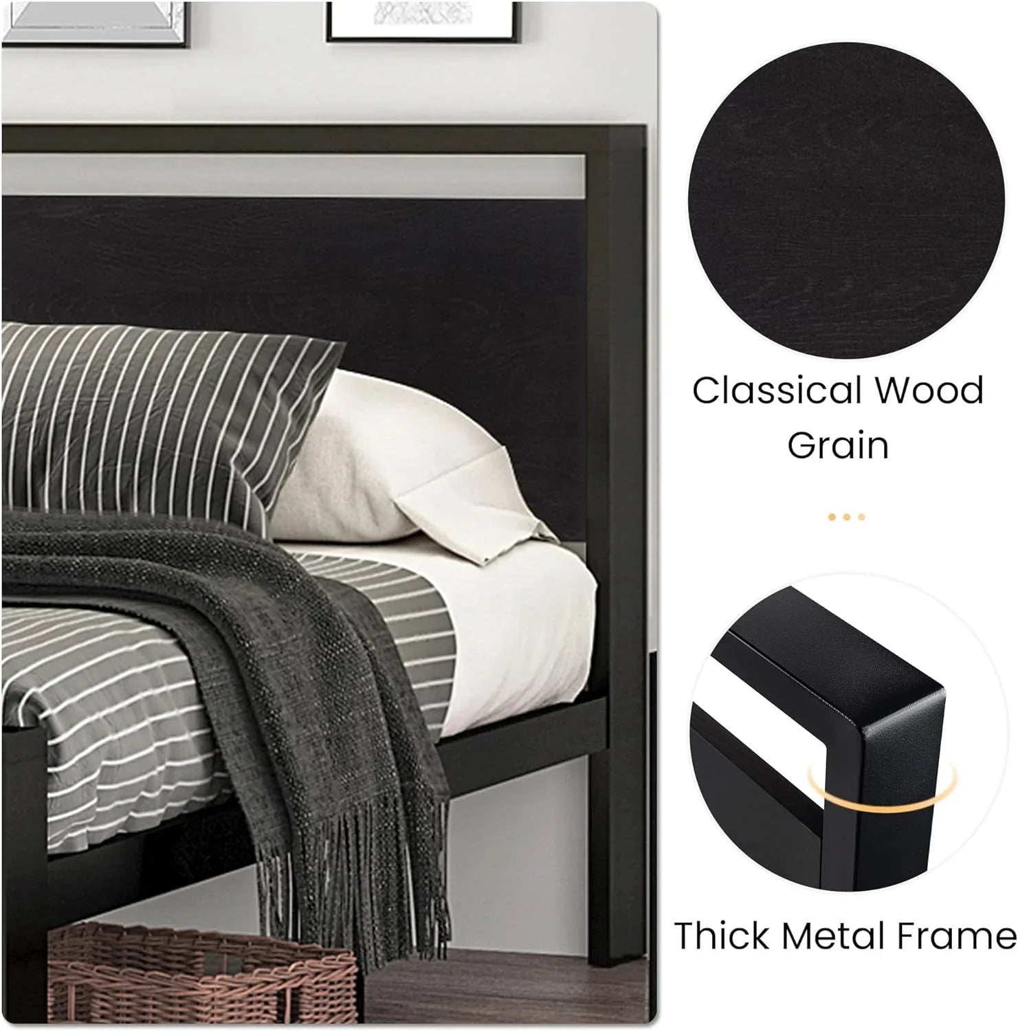 Cadre de lit plateforme en métal SHA CERLIN 14" Queen, antidérapant et silencieux, chêne noir