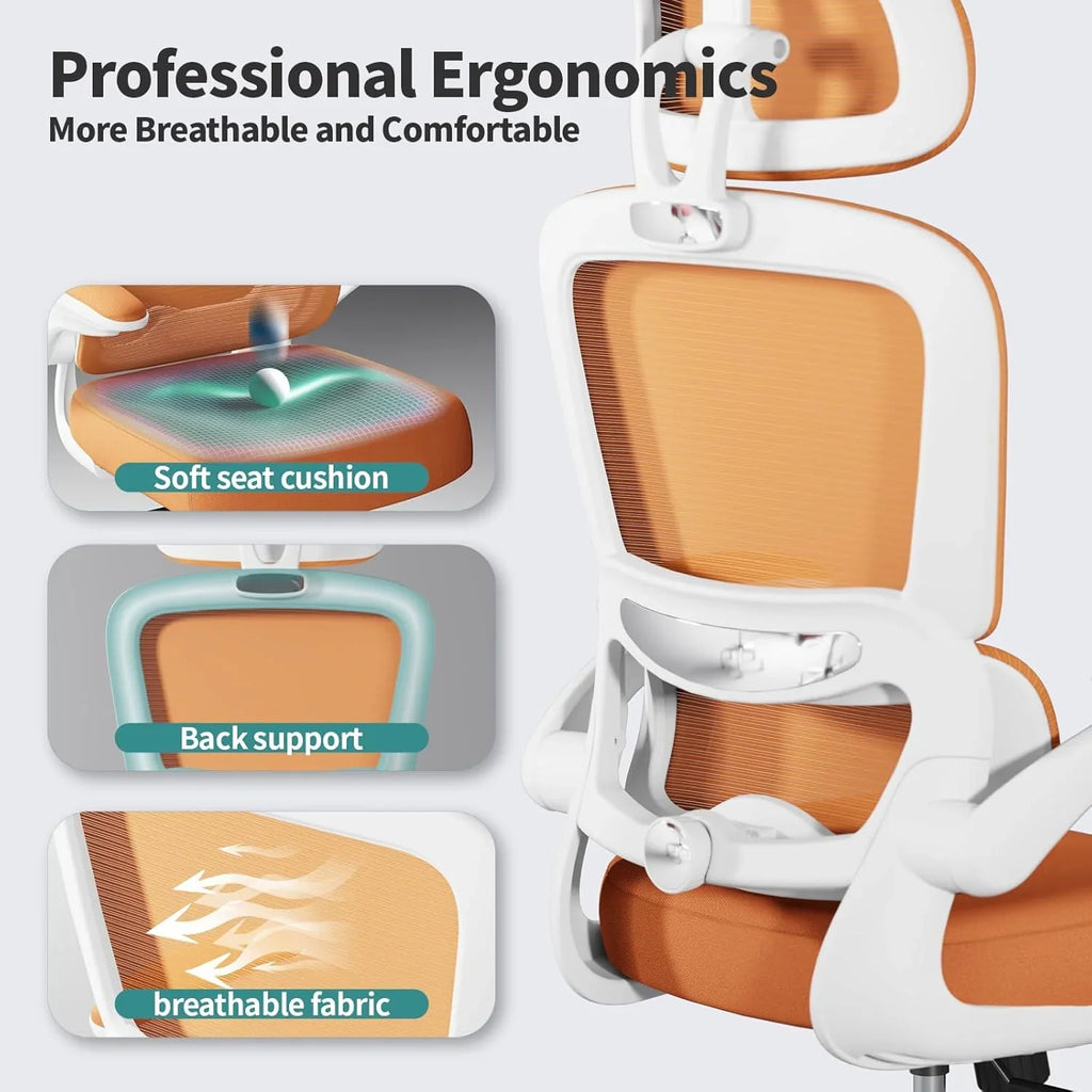 Chaise de bureau ergonomique, chaise de bureau en maille avec roulettes, capacité de charge de 150 kg, chaise de jeu confortable, dossier haut