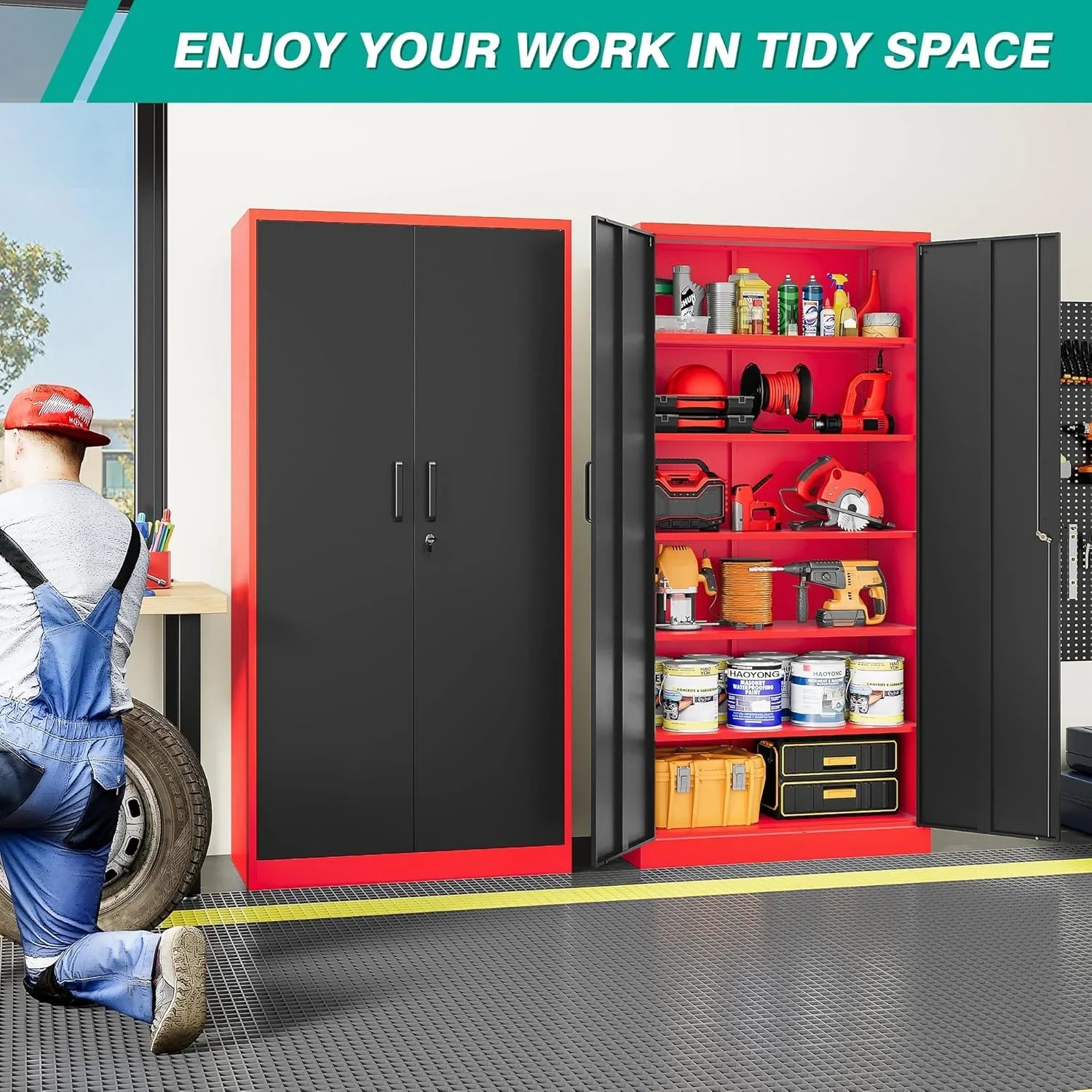 Armoire de rangement en métal avec 2 portes et 6 étagères, armoire en métal noir avec serrure, armoire de rangement verrouillable pour garage de 71 pouces