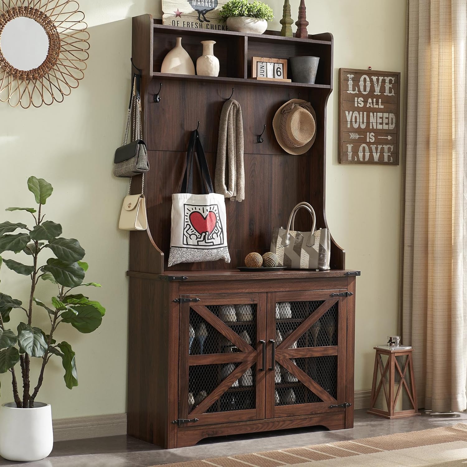 JXQTLINGMU Arbre de foyer de ferme de 59 pouces avec rangement pour chaussures, banc d'entrée, porte-manteau, armoire