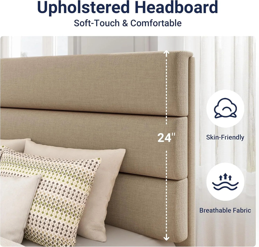 Cadre de lit plateforme Allewie Queen Size avec tête de lit rembourrée en tissu et support à lattes en bois, sommier entièrement rembourré (pas besoin de sommier)