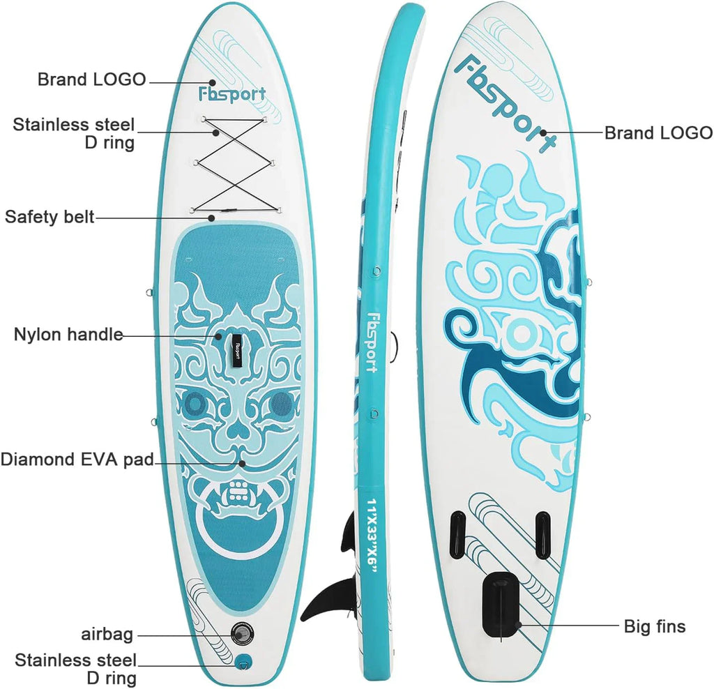 Planche de stand up paddle FBSPORT Premium 11', planche de yoga, contrôle du surf, pont antidérapant, attache, pagaie et pompe