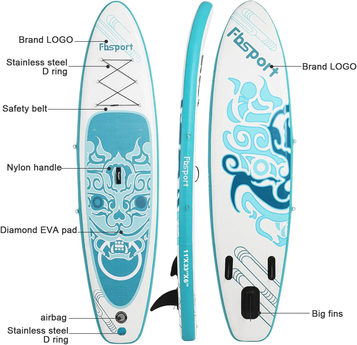 Planche de stand up paddle FBSPORT Premium 11', planche de yoga, contrôle du surf, pont antidérapant, attache, pagaie et pompe