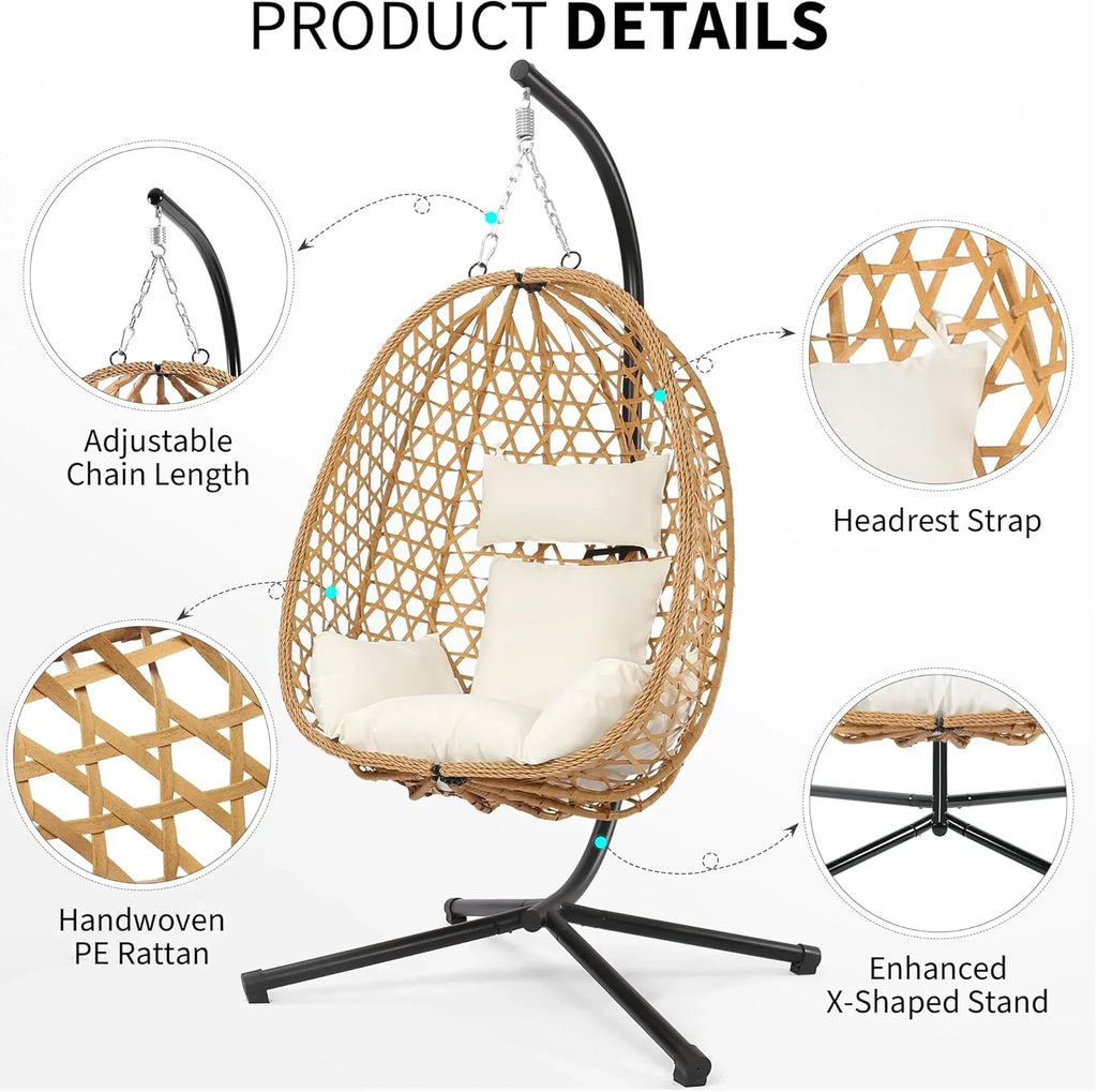 Fauteuil suspendu en osier avec support, balancelle pour patio, capacité de charge de 158 kg.