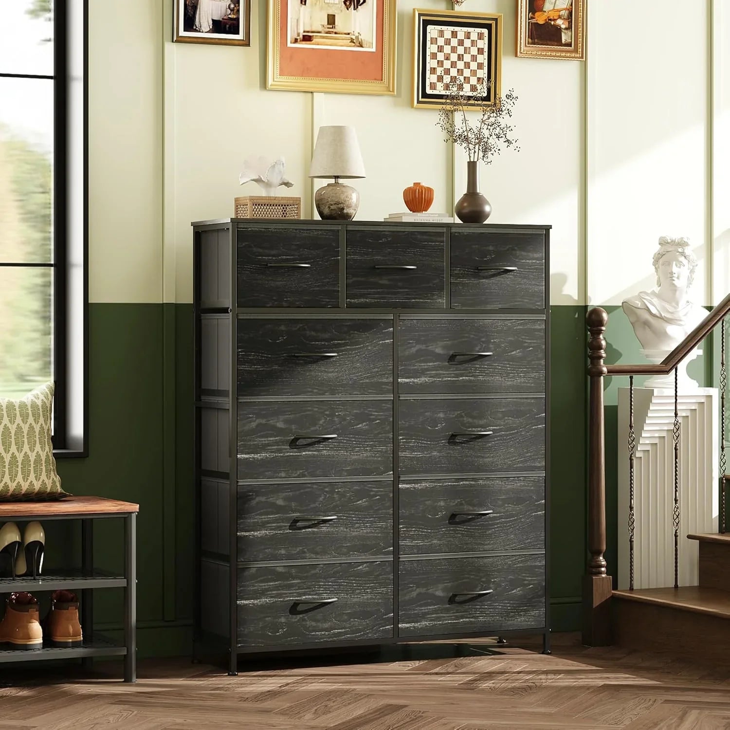 Unité de rangement avec 11 bacs en tissu, tiroirs de rangement avec cadre en acier, grande tour de rangement