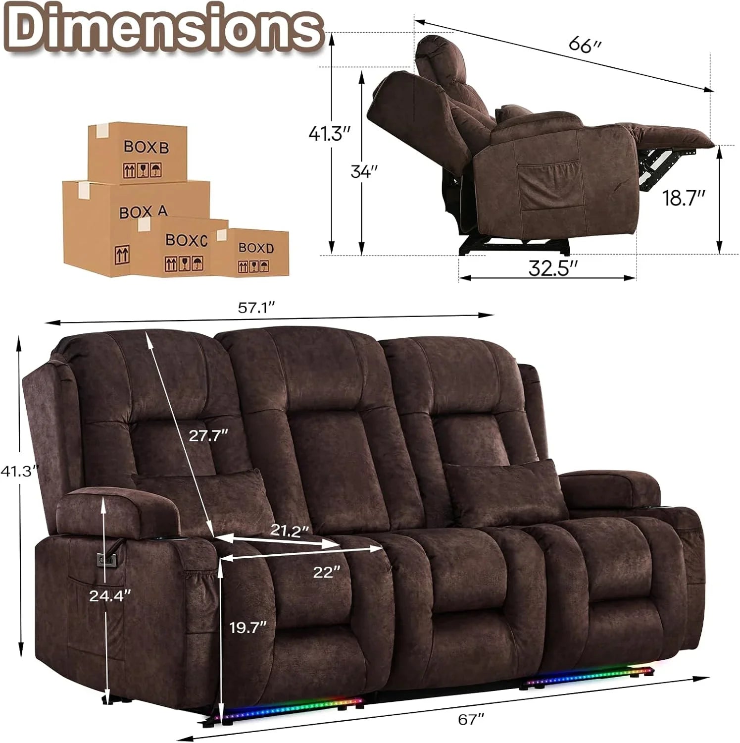 Canapé inclinable électrique TUNYI avec fonctions massage et chauffage, siège home cinéma avec console, canapé inclinable électrique pour camping-car