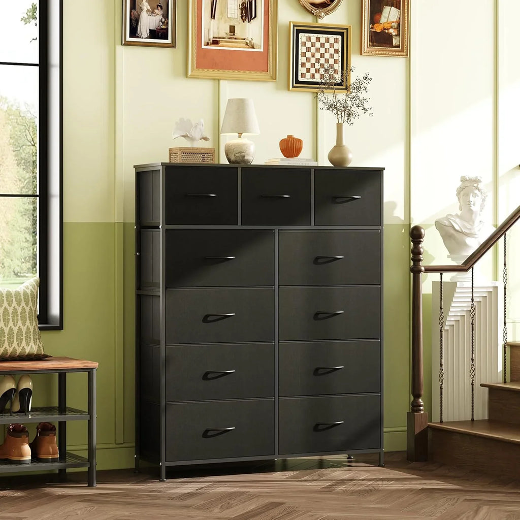 Unité de rangement avec 11 bacs en tissu, tiroirs de rangement avec cadre en acier, grande tour de rangement