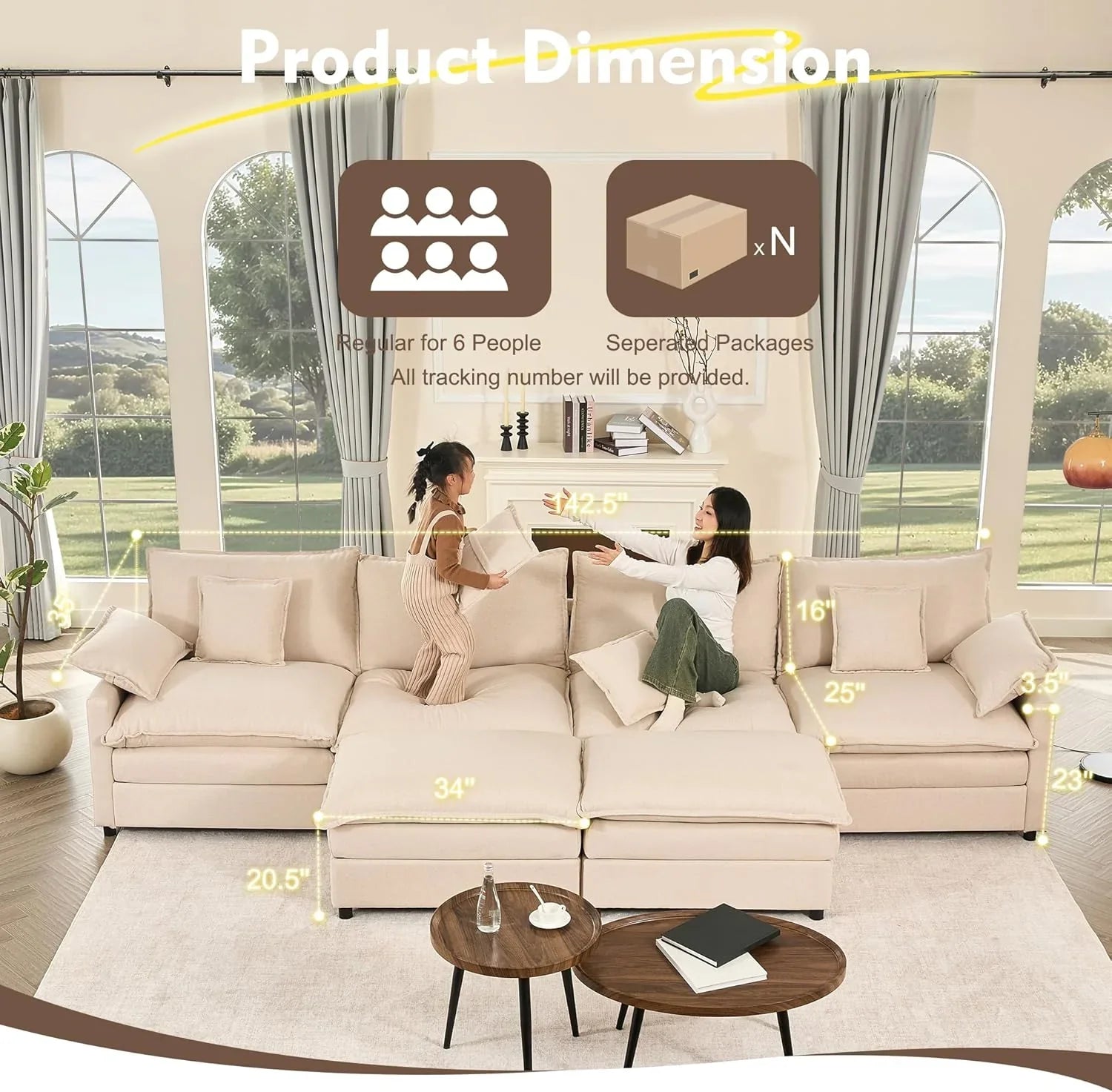 Canapé en U 108 pouces, canapé sectionnel, canapé Cloud confortable avec repose-pieds amovible, canapé profond pour salon, lin, beige