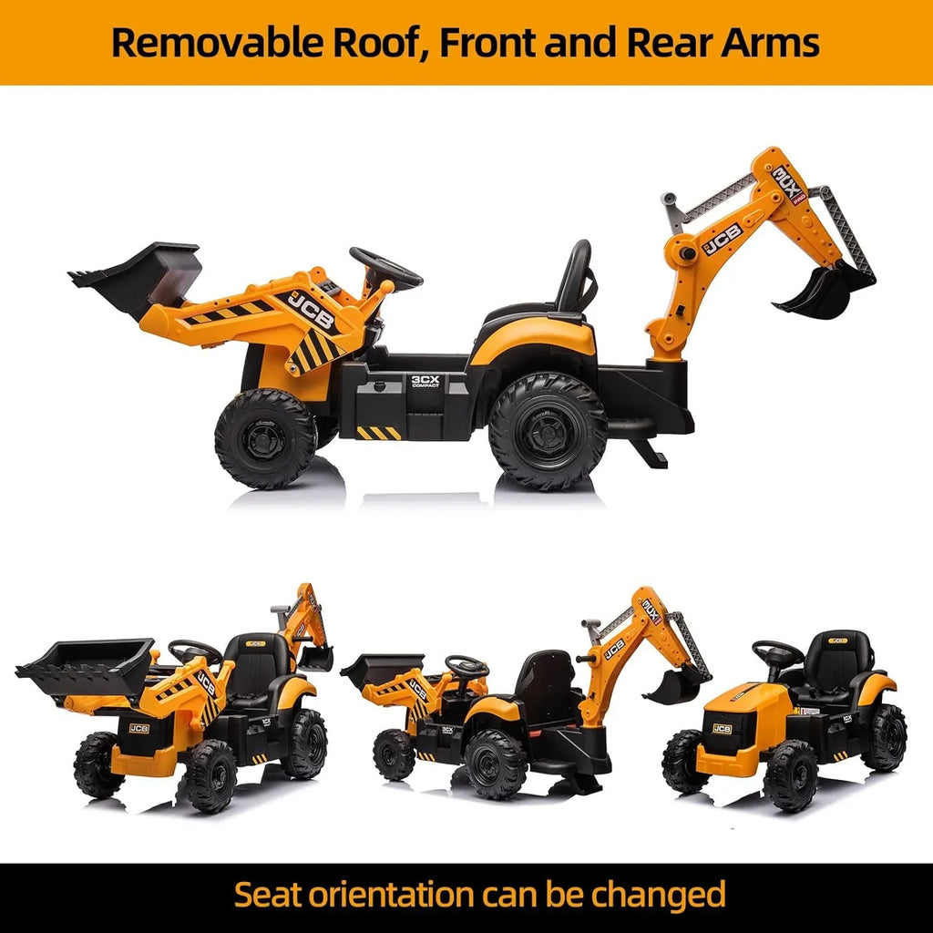 Pelleteuse autoportée JCB 12 V, jouet pour enfants de 4 à 8 ans, véhicule électrique pour enfants avec tracteur, bulldozer, bras de creusement et pelle rétrocaveuse.