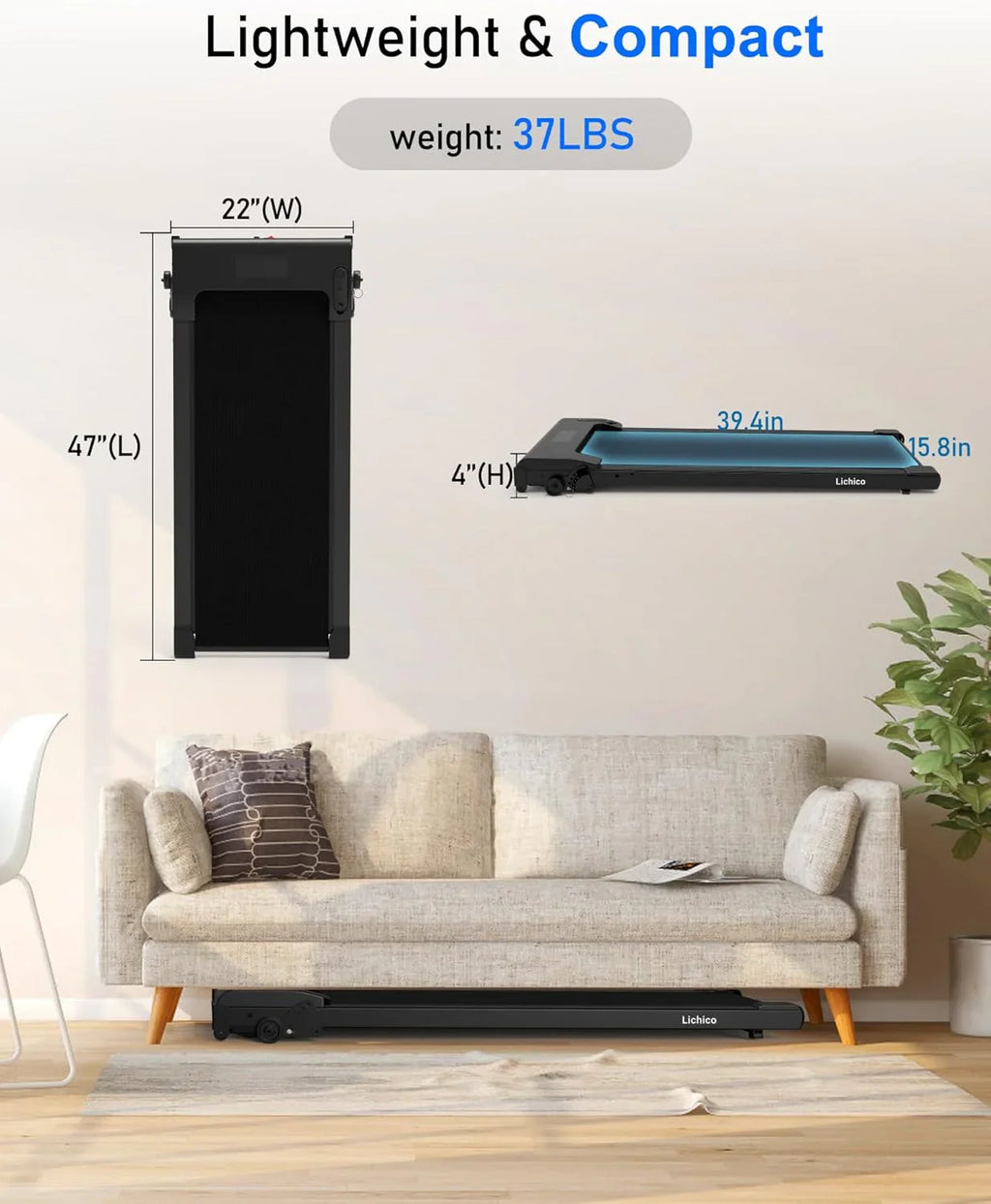 Tapis de course Lichico Walking Pad sous le bureau, tapis de course électrique sans balais ultra-silencieux pour la marche et le jogging avec télécommande