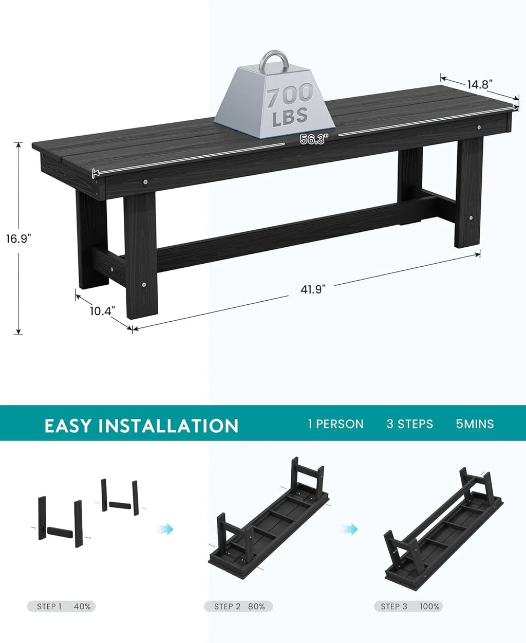 Ensemble de salle à manger d'extérieur en PEHD, 7 pièces, avec table découpée pour parasol et 6 chaises
