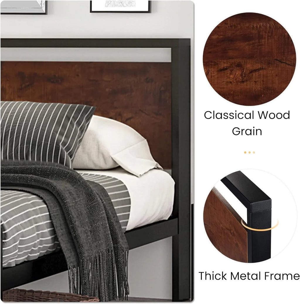 Cadre de lit plateforme en métal SHA CERLIN 14" Queen, antidérapant et silencieux, chêne noir